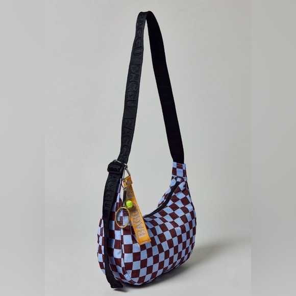 Baggu Checkered Medium Crescent Bag Blue & Dark Brown NEW NWT LAST ONE - Picture 2 of 5